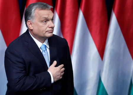 Hungarian Prime Minister Viktor Orban leaves the stage after delivering his annual state of the nation speech in Budapest, Hungary, February 10, 2019. REUTERS/Bernadett Szabo