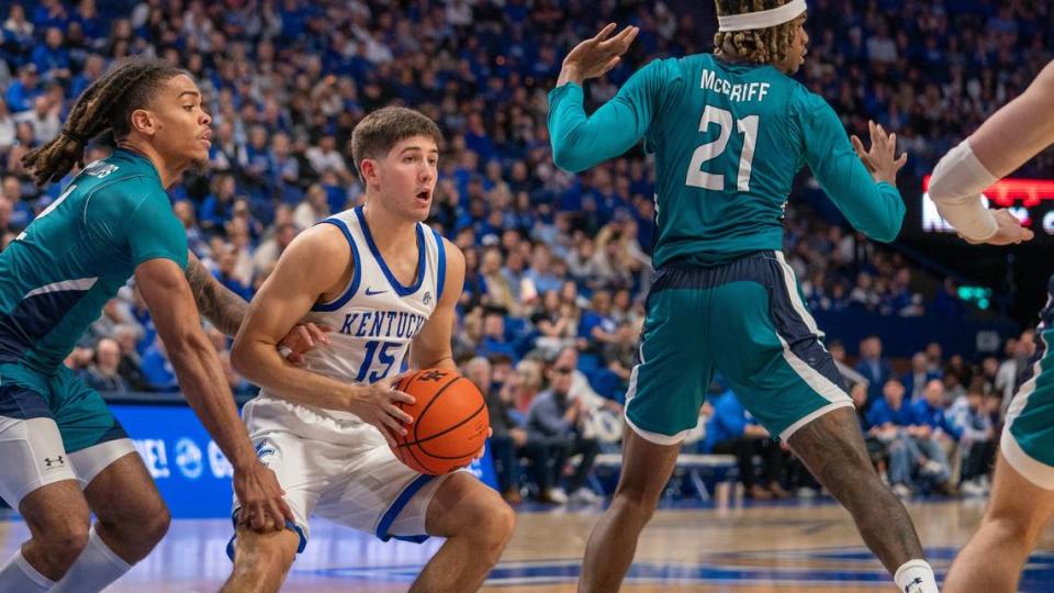 In an unexpected 80-73 loss to UNC Wilimington, Kentucky freshman guard Reed Sheppard (15) led the Wildcats with 25 points, nine rebounds, six assists and two steals.