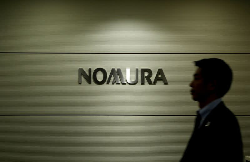 FILE PHOTO: Logo of Nomura Securities is pictured at the company's Otemachi head office in Tokyo