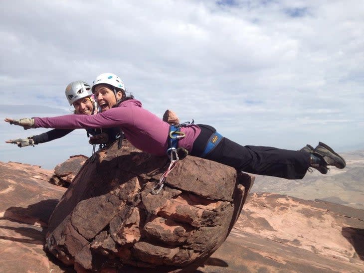 <span class="article__caption">Sahn (left) and Tracy Martin planking on top of a route up Rose Tower, Red Rock.</span> (Photo: Erik Harmuth)