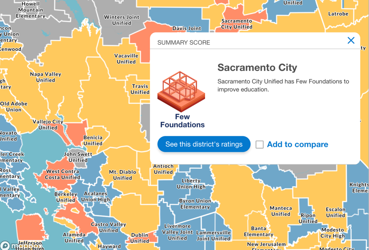 The District Readiness Index site allows users to click on any district on a statewide map to see how it did on 30 indicators covering a range of conditions fostering improvement initiatives. Sacramento City is one of two dozen districts with low scores, designated by the orange color.