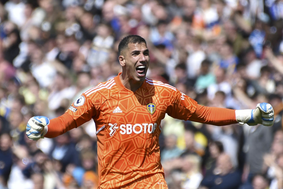Leeds United's goalkeeper Joel Robles celebrates his side's 2nd goal scored by teammate Rasmus Kristensen during the English Premier League soccer match between Leeds United and Newcastle United at Elland Road in Leeds, England, Saturday, May 13, 2023. (AP Photo/Rui Vieira)