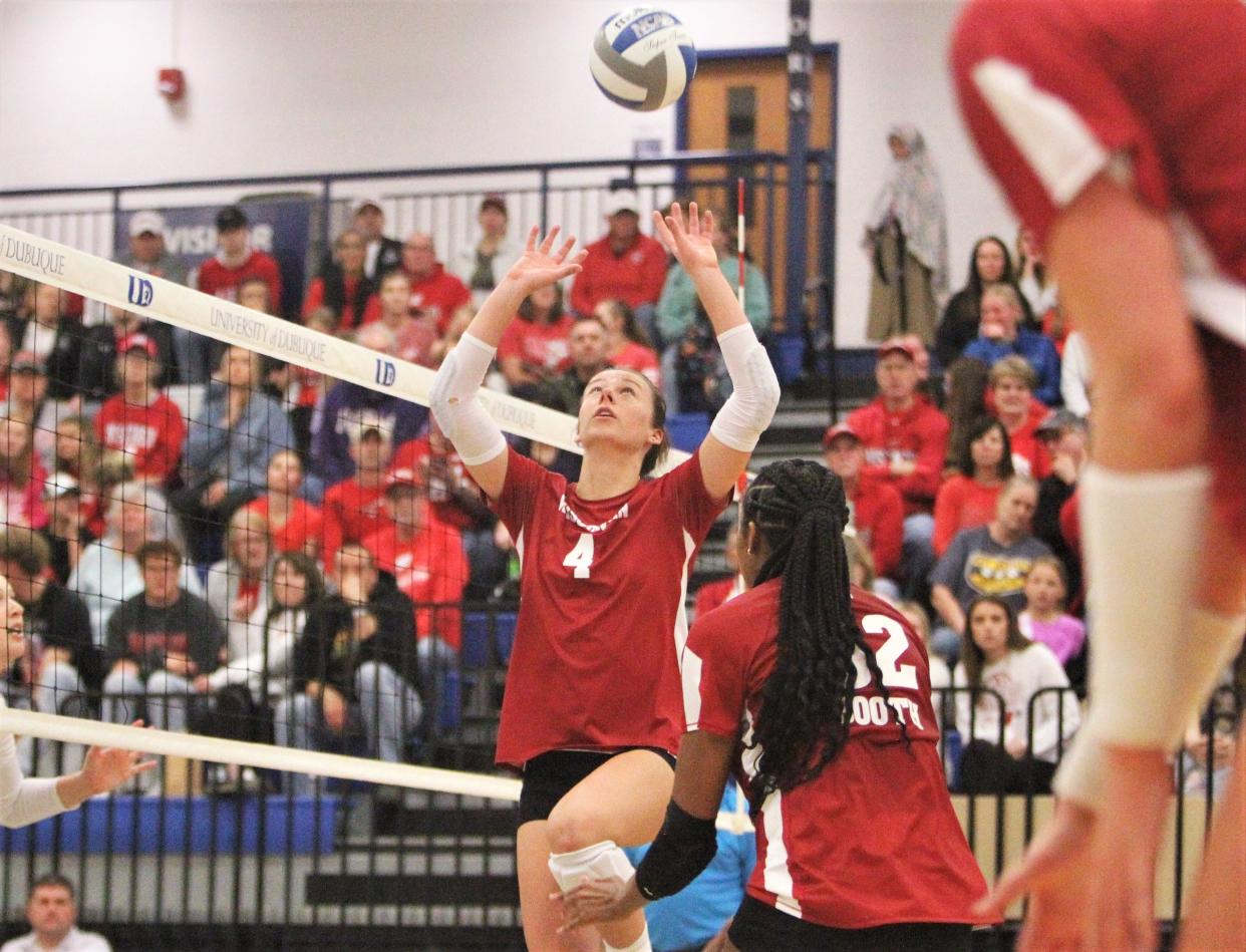 Wisconsin's Carly Anderson sets the ball during the team's scrimmage with Northern Iowa on Friday April 26, 2026 at Stotz Sports Center on the campus of the University of Dubuque in Dubuque, Iowa.