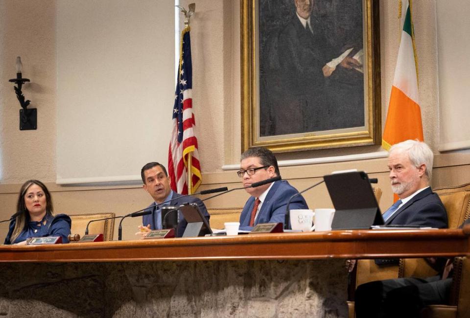 From left to right: Coral Gables Commissioner Melissa Castro, Mayor Vince Lago, Commissioner Ariel Fernandez and Commissioner Kirk Menendez, at the City Commission meeting on Tuesday, Nov. 14, 2023.