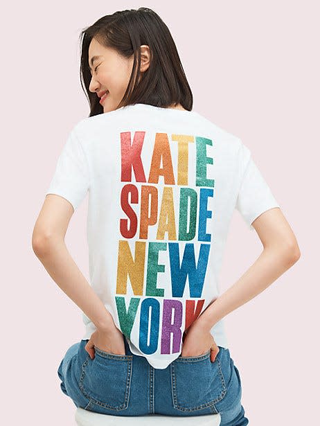 Kate Spade rainbow glitter logo tee.