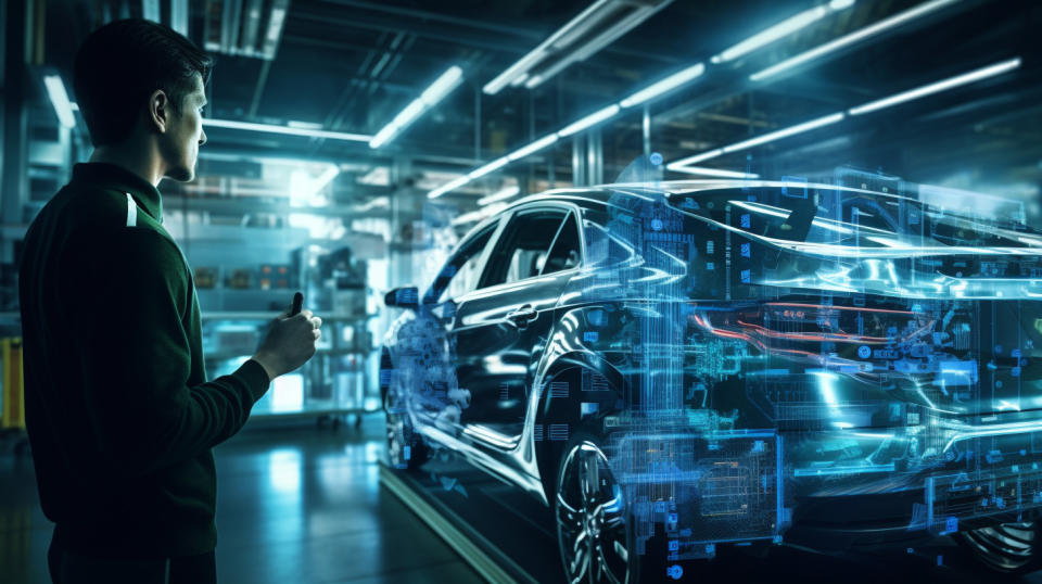 A factory worker using an ultra-sensitive pixel-based sensor while working on an automobile.