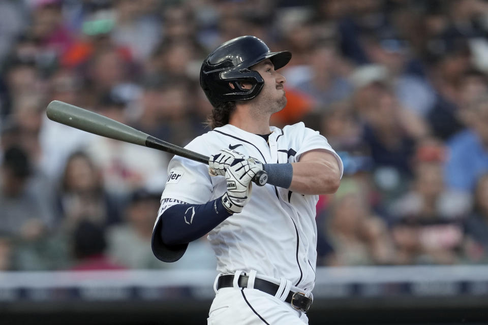 Detroit Tigers' Zach McKinstry hits a two-run single against the Minnesota Twins in the second inning of a baseball game, Saturday, June 24, 2023, in Detroit. (AP Photo/Paul Sancya)