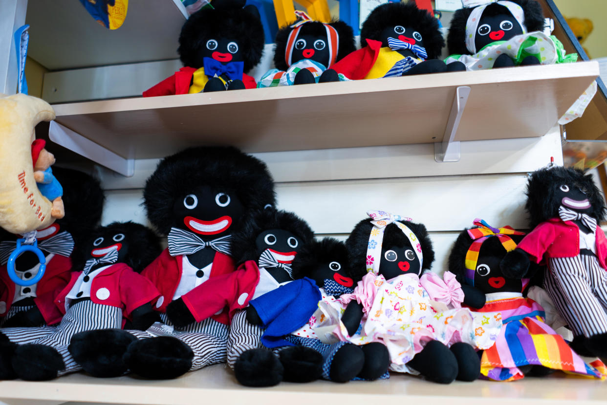 An indépendant toyshop selling lots of old fashioned toys including Gollywogs, golly wogs, toy shop, teddy bears,