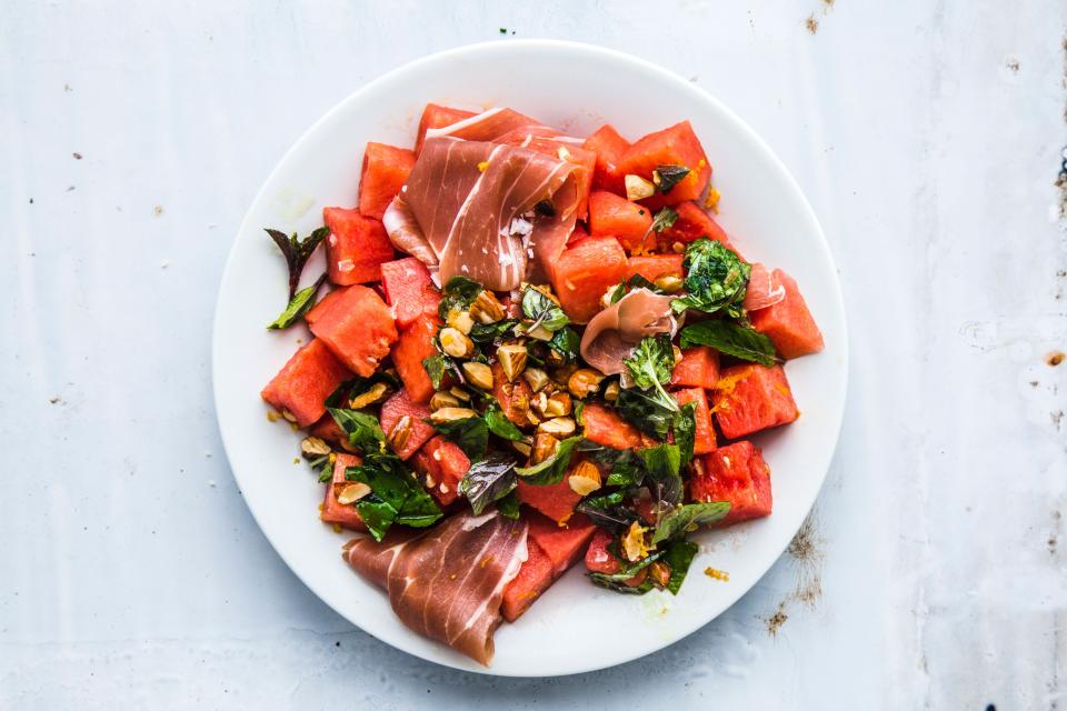 Watermelon and Prosciutto with Mint and Toasted Almonds