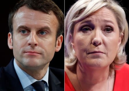 A combination picture shows portraits of the candidates who will run in the second round in the 2017 French presidential election, Emmanuel Macron (L), head of the political movement En Marche !, or Onwards !, and Marine Le Pen, French National Front (FN) political party leader. Pictures taken March 11, 2017 (R) and February 21, 2017 (L). REUTERS/Christian Hartmann