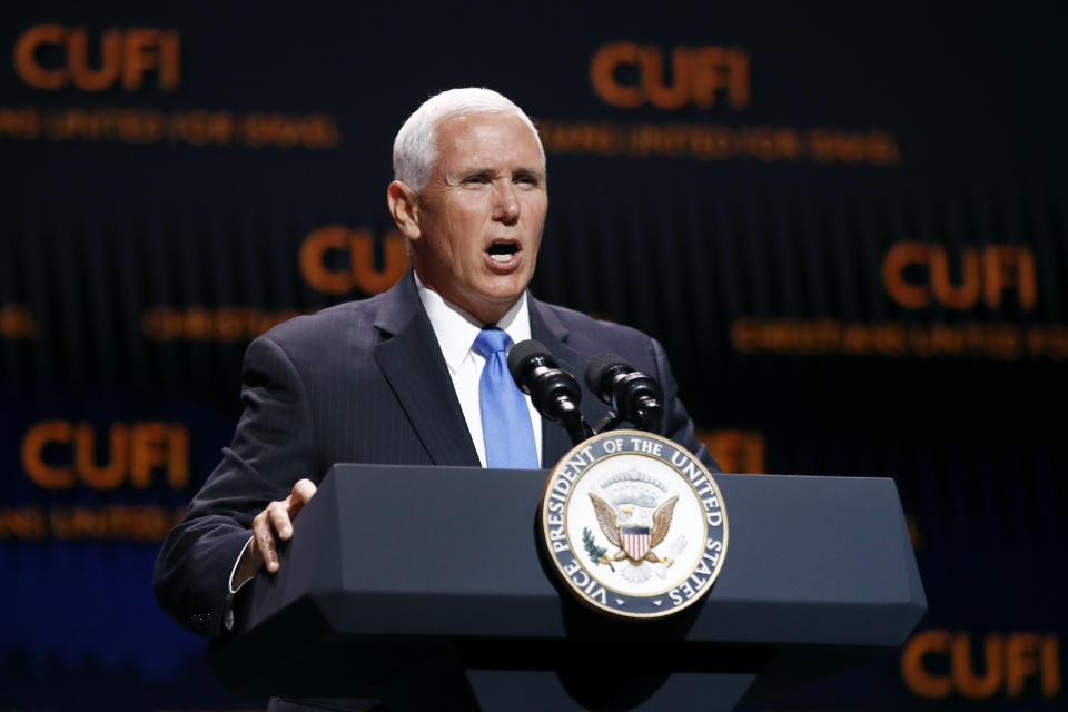 Vice President Mike Pence speaks at the Christians United for Israel's annual summit, Monday, July 8, 2019, in Washington. (AP Photo/Patrick Semansky)