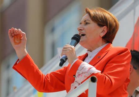 Meral Aksener, Iyi (Good) Party leader and presidential candidate, speaks during an election rally in Istanbul, Turkey June 22, 2018. REUTERS/Huseyin Aldemir