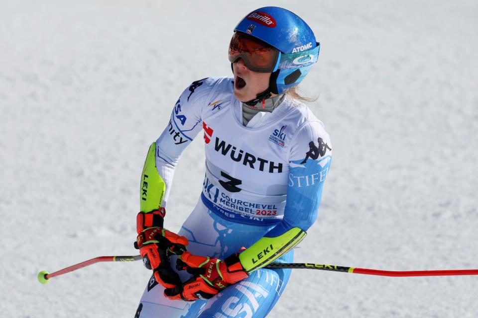 United States' Mikaela Shiffrin checks her time at the finish area of the alpine ski World Championships giant slalom, in Meribel, France,