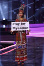 <p>Miss Myanmar Thuzar Wint Lwin appears onstage at the Miss Universe 2021 - National Costume Show at Seminole Hard Rock Hotel & Casino on May 13, 2021 in Hollywood, Florida. (Photo by Rodrigo Varela/Getty Images)</p> 