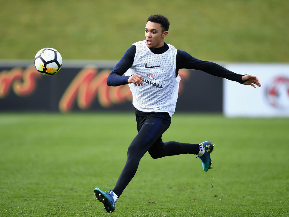 Trent Alexander-Arnold in training at St George's Park: Getty