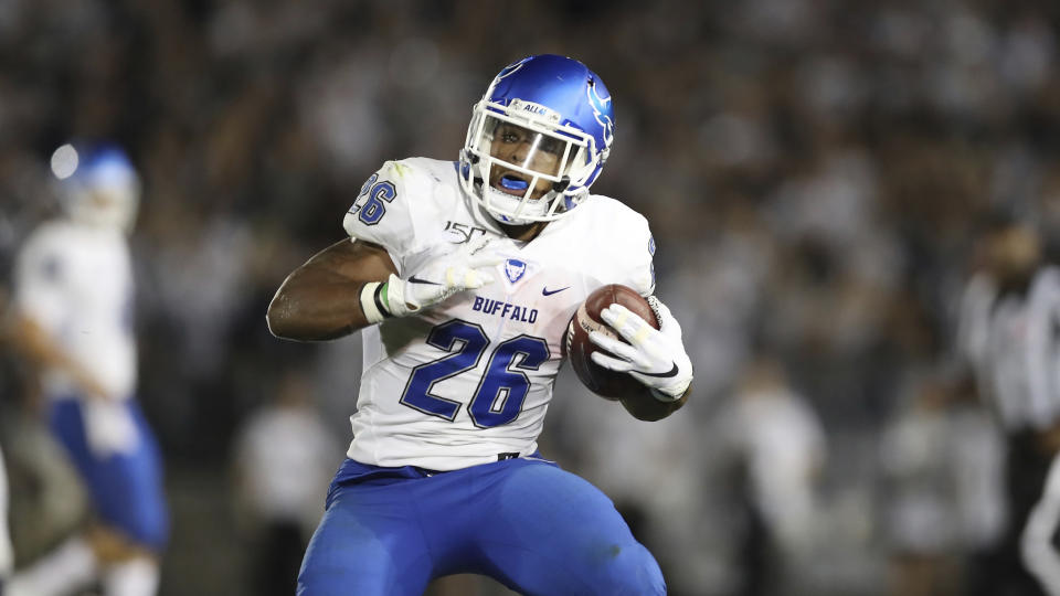 Buffalo running back Jaret Patterson (26) runs with the ball during an NCAA college football game against Penn State, Saturday, Sept. 7, 2019, in University Park, Pa. Penn State won 45-13. (AP Photo/Steve Luciano)