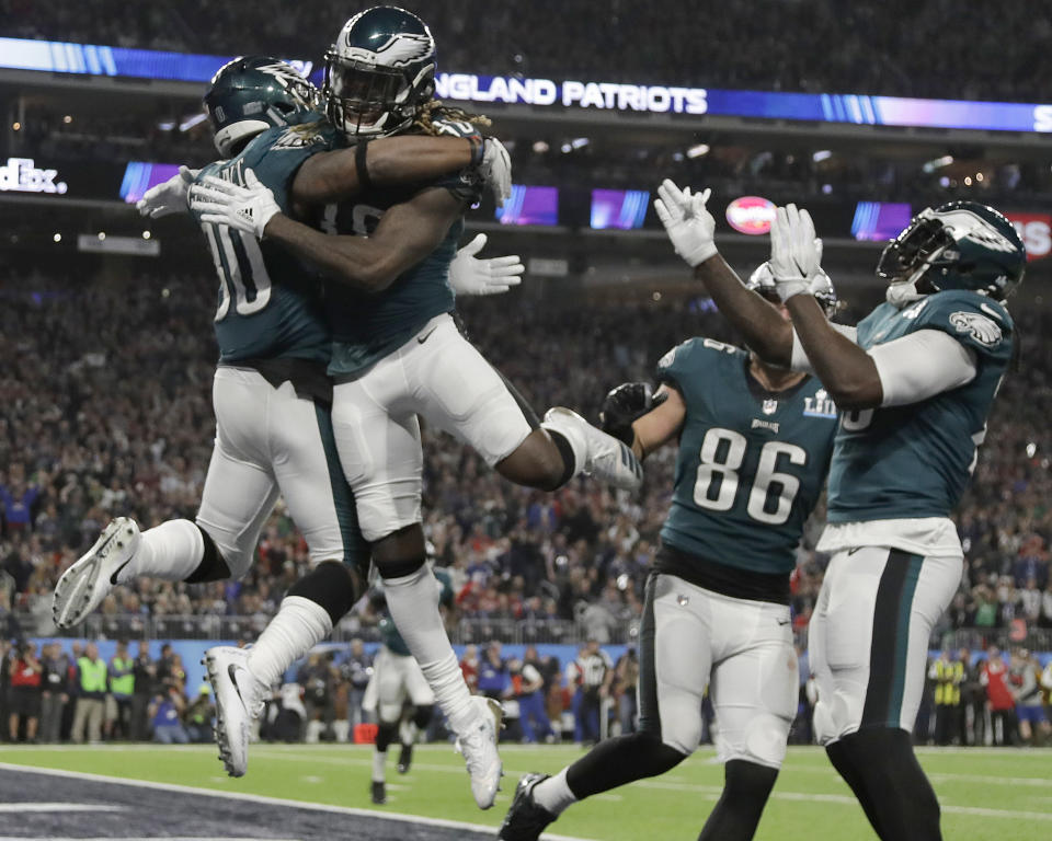 <p>Philadelphia Eagles’ Corey Clement, left, celebrates his touchdown catch during the second half of the NFL Super Bowl 52 football game against the New England Patriots Sunday, Feb. 4, 2018, in Minneapolis. (AP Photo/Matt Slocum) </p>