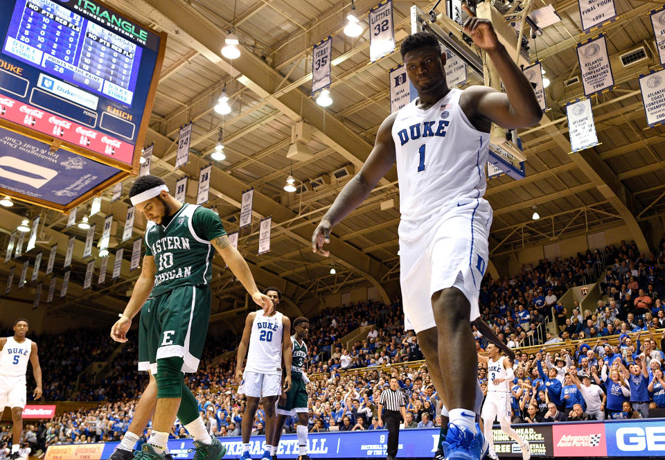 Zion Williamson flew higher than any 285-pound man should be able to against Eastern Michigan. (Getty)