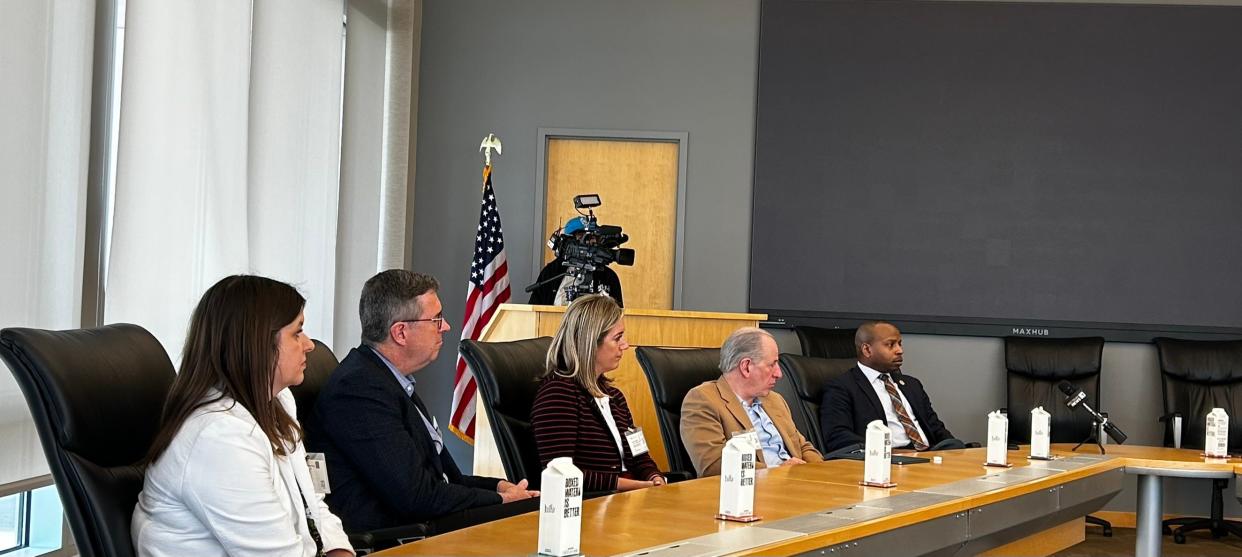 Some of the attendees at a Wisconsin Business Leaders For Democracy roundtable on promoting business engagement. From left to right: Milwaukee Election Commissioner Claire Woodall; Joel Brennan, president of the Greater Milwaukee Committee; Lori Richards, president and CEO of Mueller Communications; Greg Marcus, chairman, president and CEO of Marcus Theatres parent Marcus Corp; and Milwaukee Mayor Cavalier Johnson.