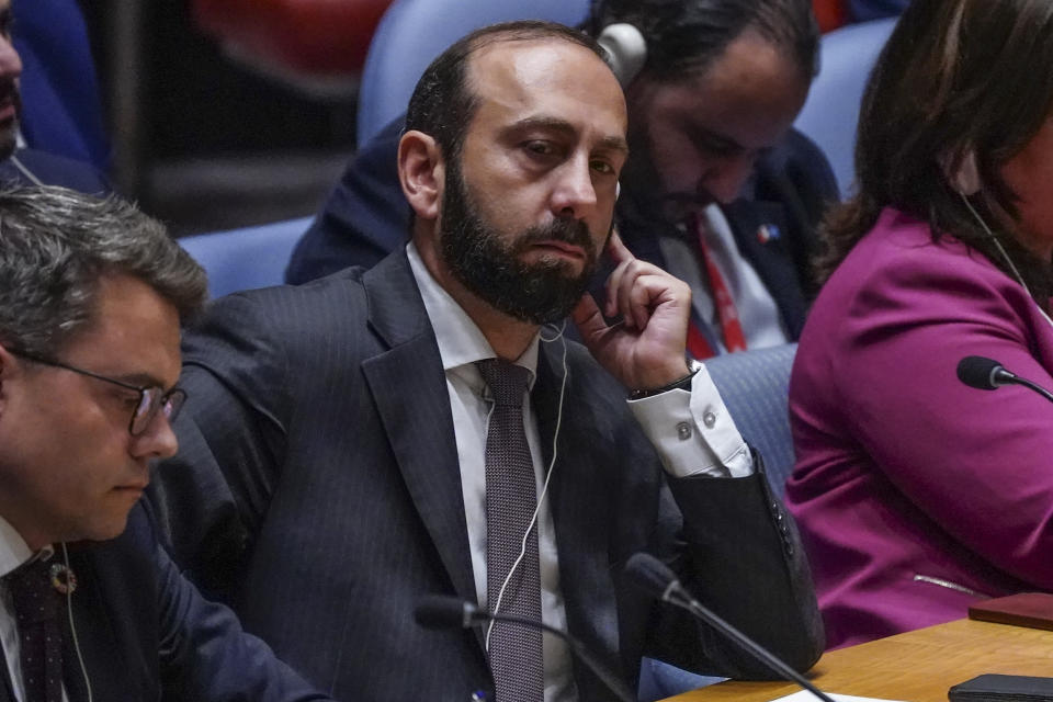 Armenia's Foreign Minister Ararat Mirzoyan listens during a United Nations Security Council meeting on the conflict between Armenia and Azerbaijan, Thursday, Sept. 21, 2023, at U.N. headquarters. (AP Photo/Bebeto Matthews)