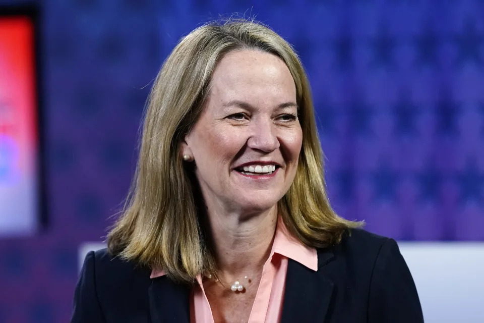 FILE - Kris Mayes, smiles before a debate on Sept. 28, 2022. Arizona's former attorney general Mark Brnovich, suppressed findings by his investigators who concluded there was no basis for allegations that the 2020 election was marred by widespread fraud. That's according to documents released Wednesday, Feb. 22, 2023, by his successor, Kris Mayes. (AP Photo/Ross D. Franklin, File)