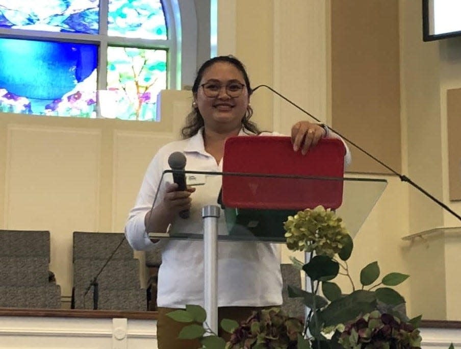Operation Christmas Child spokesperson Lyda Giedd of Williamsburg gives a presentation at Second Branch Baptist Church in Chesterfield, Va. on September 10, 2023.