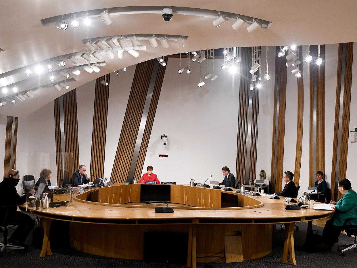 Scotland’s first minister, Nicola Sturgeon, giving evidence to the Committee on the Scottish Government Handling of Harassment Complaints, at Holyrood  ( Jeff J Mitchell/PA)