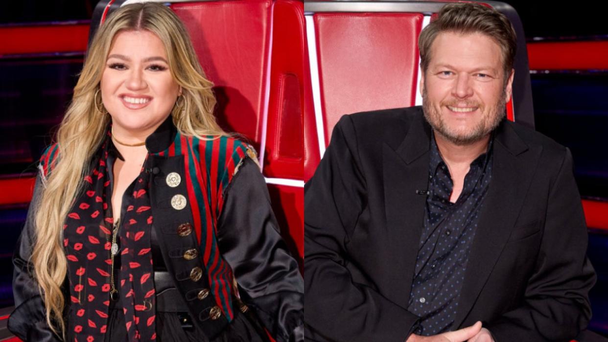  Kelly Clarkson and Blake Shelton on The Voice. 