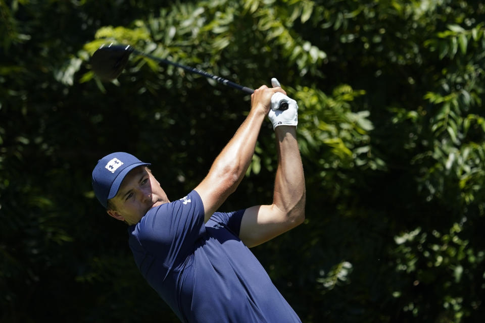Jordan Spieth tees off on the sixth hole during the final round of the Charles Schwab Challenge golf tournament at the Colonial Country Club in Fort Worth, Texas, Sunday, June 14, 2020. (AP Photo/David J. Phillip)