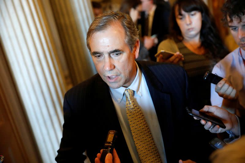 Senator Jeff Merkley (D-OR) speaks to reporters following leaving the Senate floor after delivering a 15 hour speech against Judge Neil Gorsuch on Capitol Hill Washington