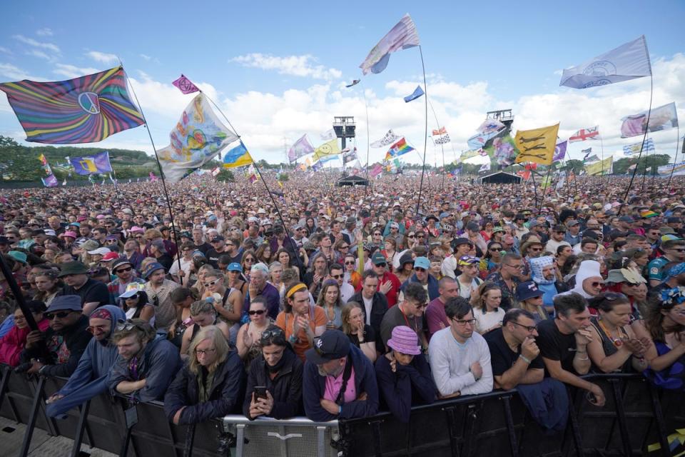 The crowd listens to climate activist Greta Thunberg speaking on the Pyramid Stage (Yui Mok/PA) (PA Wire)