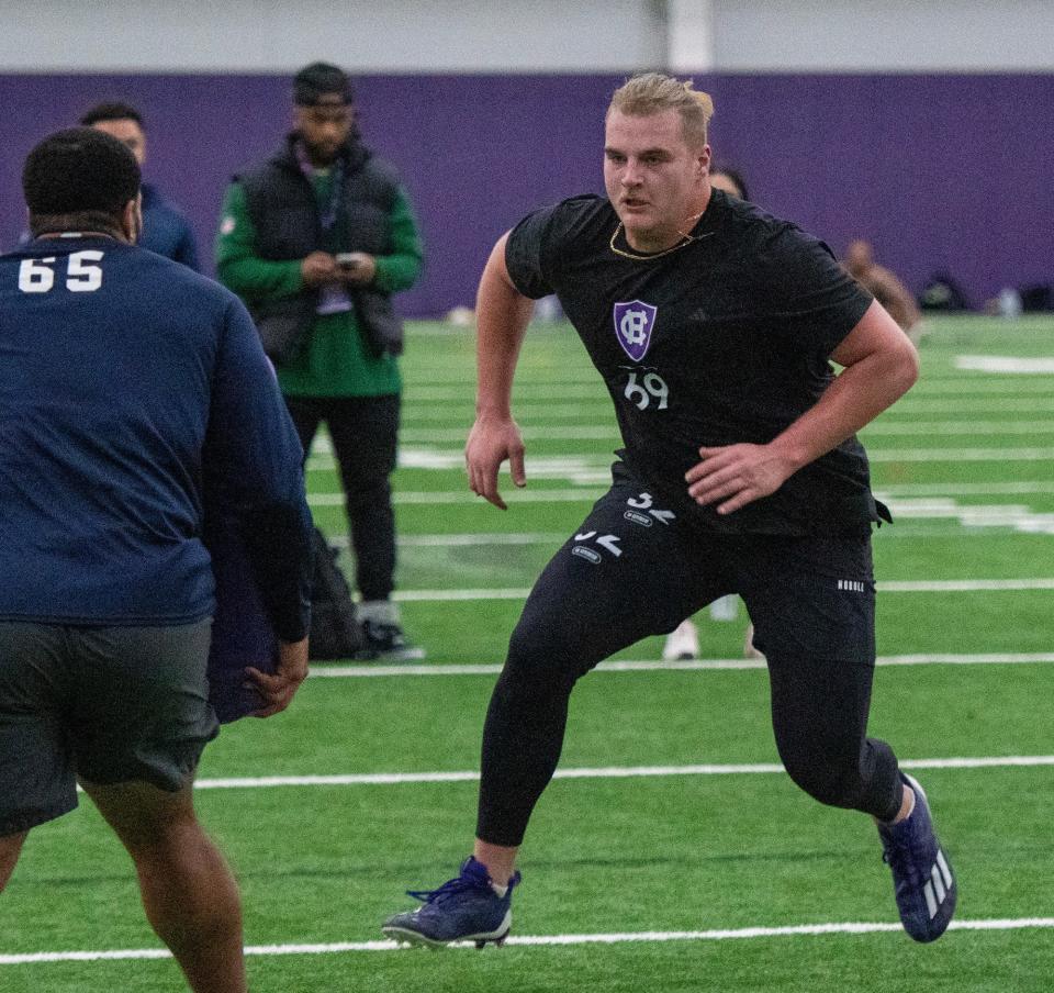 WORCESTER - C.J. Hanson runs through drills during NFL Pro Day at College of the Holy Cross Thursday, March 21, 2024.