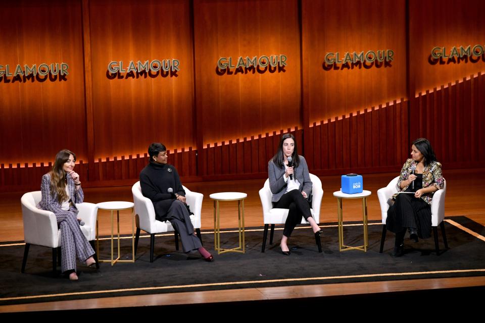 Michelle Kennedy, Rose Stuckey Kirk, Alex Friedman, and Nisha Dua speak onstage during Not Another "Women in Tech" panel at the 2019 Glamour Women Of The Year Summit.