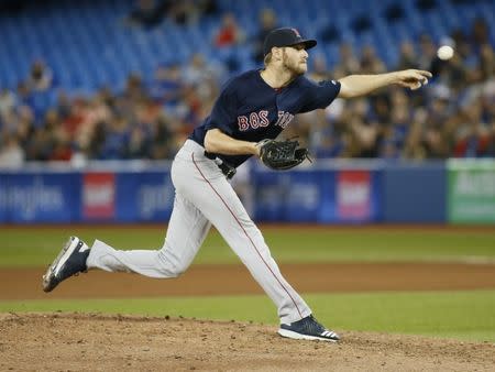 May 11, 2018; Toronto, Ontario, CAN; Boston Red Sox starting pitcher Chris Sale (41) pitches to the Toronto Blue Jays in the seventh inning at Rogers Centre. Mandatory Credit: John E. Sokolowski-USA TODAY Sports