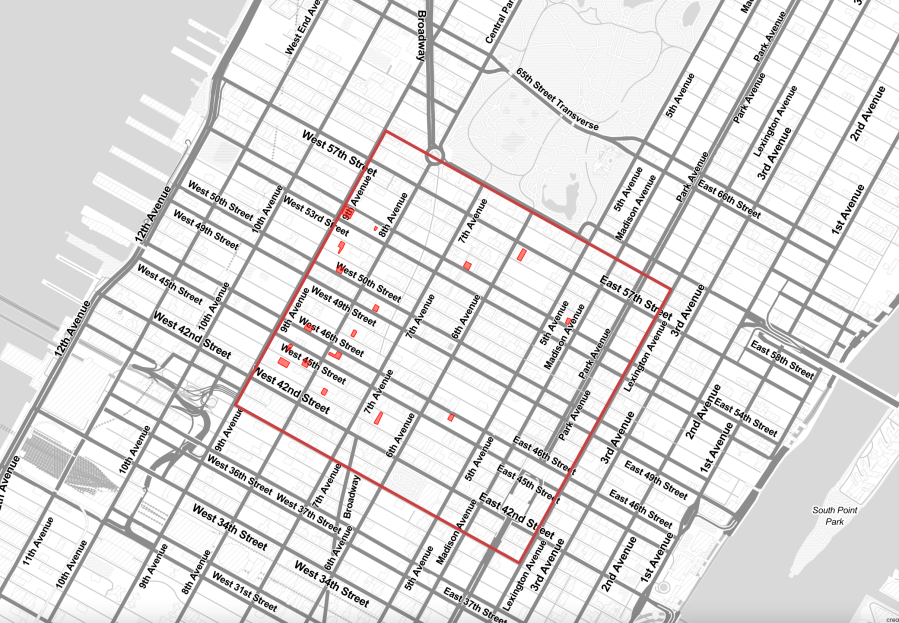 A map highlights designated parking space in downtown New York City. (Courtesy Thomas Carpenito / Parking Reform Network)
