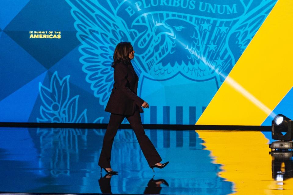 Kamala Harris attends the IX Summit of the Americas conference at Microsoft Theater in Los Angeles on June 8, 2022. - Credit: Ted Soqui/Sipa USA via AP