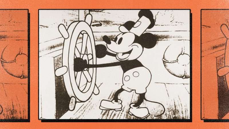 Mickey Mouse pilots a boat in a still from the 1928 animated short film "Steamboat Willie."