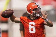 Cleveland Browns quarterback Baker Mayfield throws during an NFL football practice, Saturday, July 31, 2021, in Berea, Ohio. (AP Photo/Tony Dejak)