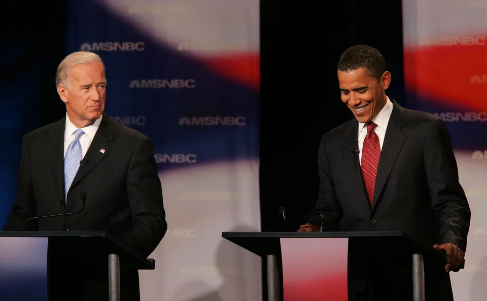 Joe Biden and Barack Obama during a democratic primary debate.