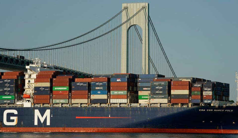 The CMA CGM Marco Polo passes under the Verrazzano-Narrows Bridge on May 20, 2021 in New York. (Photo by TIMOTHY A. CLARY / AFP) (Photo by TIMOTHY A. CLARY/AFP via Getty Images)