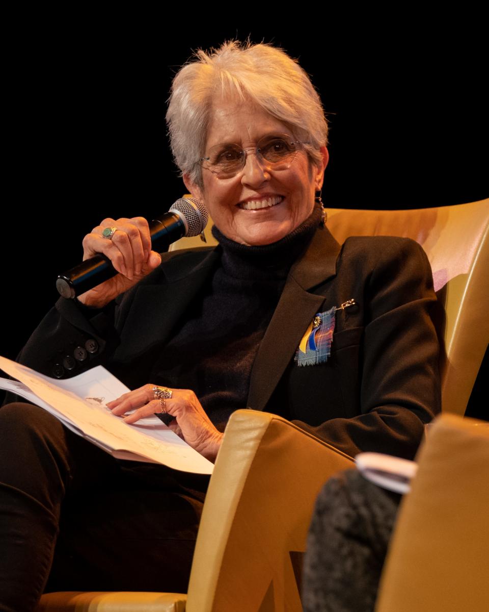 Joan Baez speaks about new book of drawings, Am I Pretty When I Fly? An Album of Upside Down Drawings, at OZ Arts in Nashville, Tenn., Saturday, April 8, 2023.