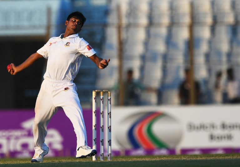 Bangladesh's Mehedi Hasan bowls during the first day of the first Test cricket match between Bangladesh and England in Chittagong on October 20, 2016