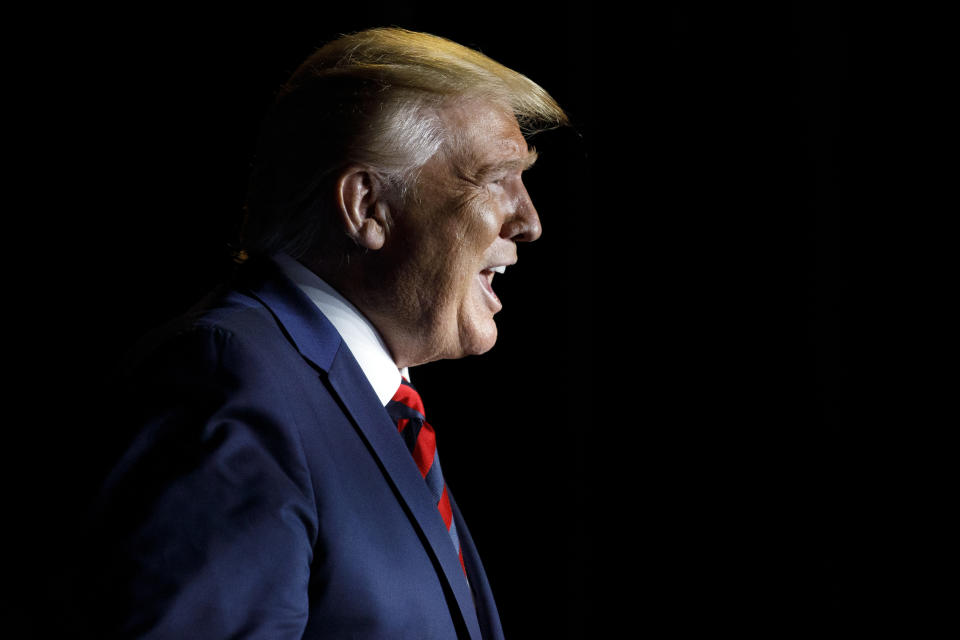 President Donald Trump calls out as he arrives to speak at the 2019 National Historically Black Colleges and Universities Week Conference in Washington, Tuesday, Sept. 10, 2019. (AP Photo/Carolyn Kaster)