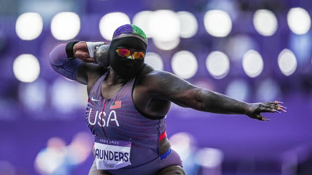 Raven Saunders competes in the shot put qualifying round at the Paris Olympics.