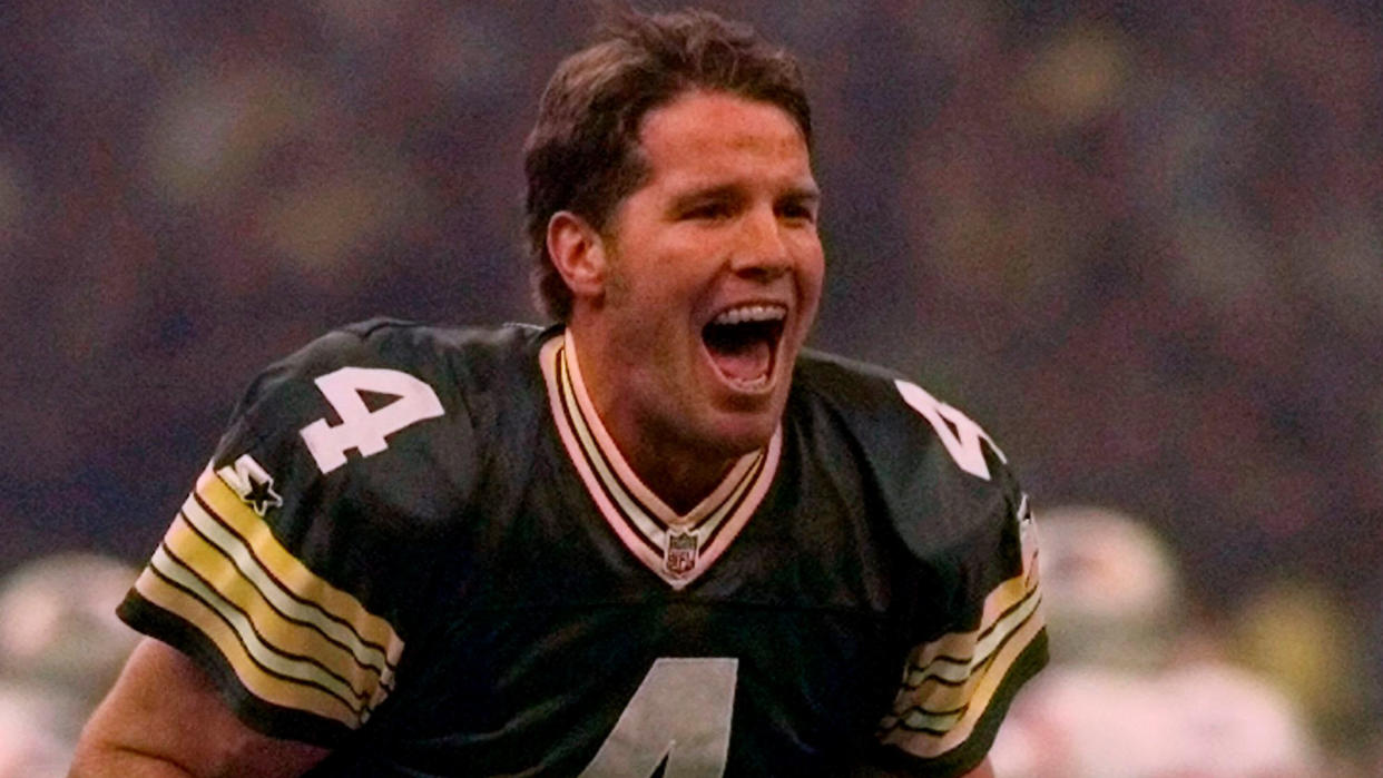 Mandatory Credit: Photo by Doug Mills/AP/Shutterstock (6513869a)Green Bay Packers quarterback Brett Favre celebrating after throwing a touchdown pass to Andre Rison during first quarter action at Super Bowl XXXI in New Orleans.