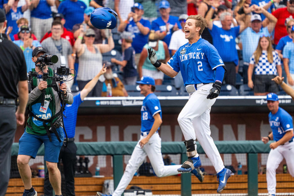 Kentucky Wildcats third baseman Mitchell Daly (2) celebrates after hitting a walk off home run against the NC State Wolfpack during the tenth inning at Charles Schwab Field in Omaha, Nebraska on Jun 15, 2024.