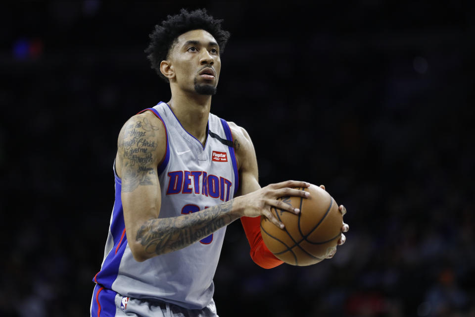 Detroit Pistons' Christian Wood plays during an NBA basketball game against the Philadelphia 76ers, Wednesday, March 11, 2020, in Philadelphia. (AP Photo/Matt Slocum)