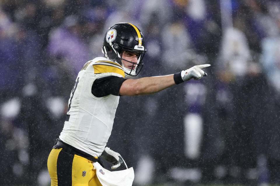 BALTIMORE, MARYLAND – JANUARY 06: Mason Rudolph #2 of the Pittsburgh Steelers celebrates after throwing a touchdown in the fourth quarter of a game against the Baltimore Ravens at M&T Bank Stadium on January 06, 2024 in Baltimore, Maryland. (Photo by Rob Carr/Getty Images)