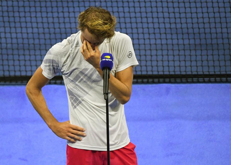 Alexander Zverev gets emotional while accepting his runner-up prize at the U.S. Open.