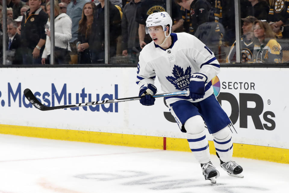 The Toronto Maple Leafs extended qualifying offers to Mitch Marner, Kasperi Kapanen, Andreas Johnsson and Michael Carcone on Tuesday. (Fred Kfoury III/Icon Sportswire via Getty Images)